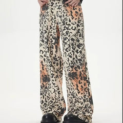 HEARUJOY - High Street Retro Jeans Mens Washed Old Leopard Print Full Print Cowboy Trousers Hip Hop Straight Wide Leg Denim Overalls Summer