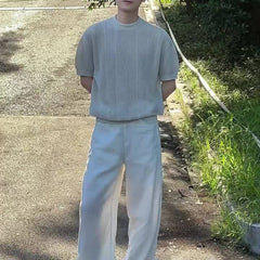 HEARUJOY - Men's Knitted Solid Color Short-Sleeved T-Shirt American Fashion Trend Casual Simple Loose Breathable Summer New Men's Tops