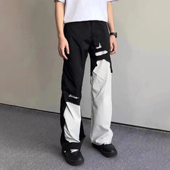 HEARUJOY - Mens Jeans Y2k Black White Irregular Stitching Ripped Jeans Streetwear Hip-Hop Casual Slim Straight Pants Men'S Clothing