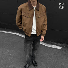 HEARUJOY - PU Jacket men 2025 autumn winter new faux leather men jacket contrast collar design short motorcycle windproof fashion trendy