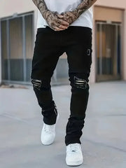 HEARUJOY - Men's Slim Fit Black Jeans - Street Style, Cotton Blend, Mid-Stretch Fabric, Ripped Detail, All-Season Wear
