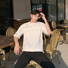 Hearujoy South Korea Street Dress Round neck pullover Short-sleeved T-shirt Men's summer tassel loose casual five-point T-shirt