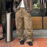 HEARUJOY - Vintage Pleated Drawstring Casual Cargo Pants, Japanese Style Solid Color Multi-pocket Loose Wide-leg Work Pants