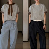 HEARUJOY - Men Summer Light Gray Fake Two Piece Short Sleeve T Shirt Korean Style Patchwork Plaid Cuffed Sleeve Loose Casual Top