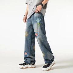 HEARUJOY - Street American Micro Flared Jeans Mens Petal Embroidery Washed Cowboy Pants Straight Tube Burr Edge Hip Hop Denim Trousers