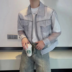 Hearujoy Summer Trendy Men Transparent Sunscreen Jacket Fashion Sexy Mesh Long Sleeve Lapel Top Solid Streetwear Zipper Coat LGBT Clothes
