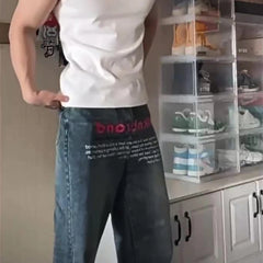 HEARUJOY - Korean Version Retro Letter Printed Jeans For Men Loose Straight Leg Wide Leg Pants High Street Hip-Hop Design Casual Pants