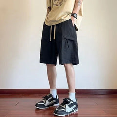 HEARUJOY - Wide Mens Cargo Shorts Baggy Over Knee Solid Elastic Waist Loose with Draw String Short Pants for Men Pockets High Quality V