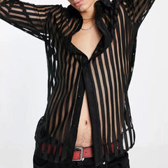 Hearujoy Mens See-Through Sexy Shirt Genderless Nightclub Print Loose Casual Striped Mesh Fashion Trendy Long-Sleeved Shirt Unisex