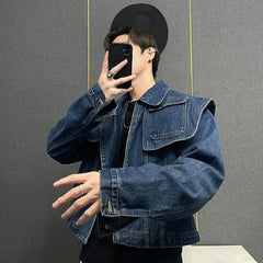 Hearujoy Vintage Pockets Denim Jacket American Retro Shawl Pocket Design High-end Stylish Short and Chic Casual Top Cargo Streetwear Top