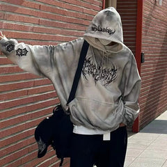 Hearujoy High Street Tie Dye Letter Embroidery Terry Hooded Hoodies for Men and Women Pullover Distressed Baggy Casual Sweatshirts