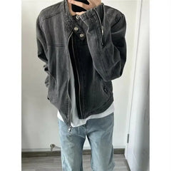 HEARUJOY - Punk Gray Denim Jacket Men's American Retro Heavy Industry Coat Metal Design Stand Collar Old Washed Short Spliced Street Jacket