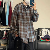 HEARUJOY - 5XL Long Sleeved Shirt Men Oversized Retro Plaid Shirt Men Japanese Streetwear Loose Casual Shirt Mens Vintage Shirts Plus Size