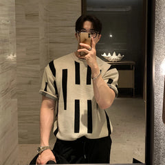 HEARUJOY - Summer Men's Clothing Luxury O Neck Knitted T Shirt Retro Geometric Short-sleeved Korean Popular Knitwear Leisure Basic Shirt