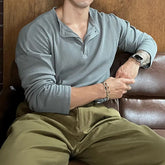 HEARUJOY - Vintage Trend Fashion Men T-Shirts Spring Autumn New Solid O-Neck Button Waffler Elastic Quick Dry Casual Loose Long Sleeve Tops