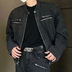 HEARUJOY - Male Denim Jackets High Street Shoulder Pad Design Patchwork Solid Men Short Coats American Style Loose Short Outwear Zipper