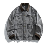 HEARUJOY - American Retro Heavyweight Washed Denim Jacket Multi-Pocket Workwear Coat with Contrast Collar Oversized Utility Streetwear