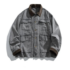 HEARUJOY - American Retro Heavyweight Washed Denim Jacket Multi-Pocket Workwear Coat with Contrast Collar Oversized Utility Streetwear