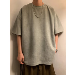 Hearujoy Suede T-shirt Men Oversized Fashion Solid Color Retro T Shirt Men Streetwear Summer Loose Short Sleeved T-shirt Mens Top M-3XL