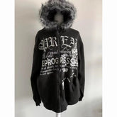 Hearujoy Gothic Retro Y2K Letter Pattern Black Plush Collar Zipper Hoodie Women's Autumn and Winter Warm 2000s Harajuku Cardigan Jacket