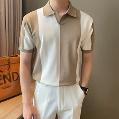 HEARUJOY - Summer Men's Lightweight Short-Sleeve Polo Shirt Simple Color Blocking Knit
