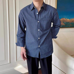 HEARUJOY - New American Retro Men Shirts Light Luxury Textured Lapel Plaid Long Sleeve Cardigan Leisure Trendy Premium Check Blouse M-2XL