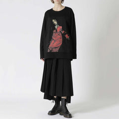 Hearujoy Mens Japanese Printed Long-Sleeve Casual T-Shirt 2024 New Genderless Couple Fashion Individuality Youth Trend Retro Top Unisex