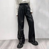 Hearujoy Casual Drawstring PU Leather Long Pants Men Trousers Spring Fall Loose Y2k Elastic Waist Straight Wide Leg Faux Leather Pants