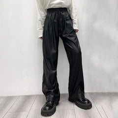 Hearujoy Casual Drawstring PU Leather Long Pants Men Trousers Spring Fall Loose Y2k Elastic Waist Straight Wide Leg Faux Leather Pants