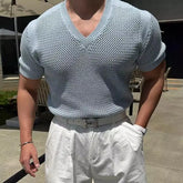 HEARUJOY - Summer Men Light-mature V-neck Handsome Temperament Three-dimensional Texture Hollow Knitted Short-sleeved T-shirt Korean