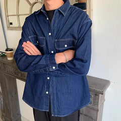 HEARUJOY - American Vintage Men's Denim Shirt Safari Style Double Pocket Lapel Long Sleeve Top Spring Autumn Fashion Streetwear Shirts Male
