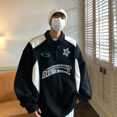 Hearujoy Korean Fashion Polo Shirt Spring and Fall Streetwear Long-sleeved Half-zip Printed Sweatshirt Men Retro High Street Coat Blouse