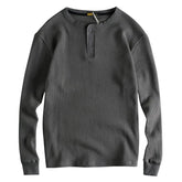 HEARUJOY - American Tough Guy Style Knitted Waffle Fabric Henley Long Sleeve T-Shirt Men's Autumn Winter Daily Versatile Youth Base Layer