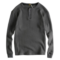 HEARUJOY - American Tough Guy Style Knitted Waffle Fabric Henley Long Sleeve T-Shirt Men's Autumn Winter Daily Versatile Youth Base Layer