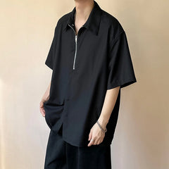 HEARUJOY - New Trendy Men's Shirts Half Zippers Design Solid Color Button Solid Color Lapel Short Sleeved Loose Male Shirt 24K4644