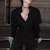 HEARUJOY - Spring And Summer Men's Solid Color Stitching Long-Sleeved Shirt Retro Fashion Trend High Street Loose Casual Niche Men's Tops