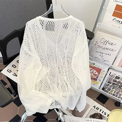 HEARUJOY - Men V-neck Long Sleeve Knit Shirts Loose Elastic Hollow knit Sweater T-shirt Slightly Transparent Knitted Sweaters Streetwear