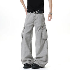 HEARUJOY - New Summer Men's Pant Solid Color Washing American Style Lager Multi-pocket Cargo Trousets Wide Leg Male Bottom 2025 9W3478