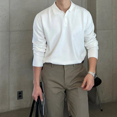 HEARUJOY - Spring Autumn New Fashion Turn-down Collar Long Sleeve Solid T-Shirts Men's Clothing Button All-match Bottoming Shirt Trend Tops