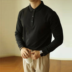 HEARUJOY - New American Retro Men Polo Shirt Light Luxury Solid Color Slim-fit Commuting Long Sleeve T-shirt Leisure Business Pullover Tops