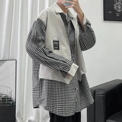 HEARUJOY - Fake Two-piece Plaid Spliced long-sleeved Shirt Loose Design Men's Casual Hong Kong Style Jacket Spring and Autumn New Style