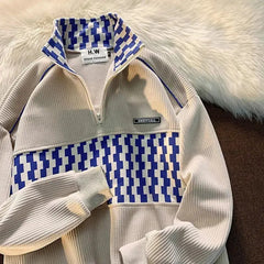 HEARUJOY - Spring Autumn Patchwork Fashion Plaid Y2K Sweatshirts Man Half Zip Harajuku Pullover Tops Oversized Chic Streetwear Male Clothes