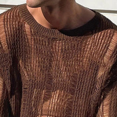 Hearujoy New Arrivals 2024 Audumn Sexy Hollow Mesh Knit T-shirts Men Streetwear Pullovers Solid Long Sleeve Crew Neck Tees Mens Clothing