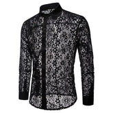 HEARUJOY - Shirts Sexy Lace Hollow Out Cardigan Turn Down Collar Men Single Breasted Shirt Long Sleeve High Street Button New Summer