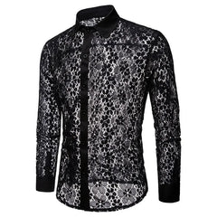 HEARUJOY - Shirts Sexy Lace Hollow Out Cardigan Turn Down Collar Men Single Breasted Shirt Long Sleeve High Street Button New Summer