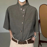 Hearujoy Autumn Mens French High-End Solid Color Short-Sleeved Stand-Up Collar Shirt Niche Design Simple And Chic Street Lgbt Button Top