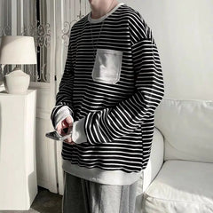 HEARUJOY - Men Trendy Striped Patchwork Streetwear Y2K Oversize Basic T-shirt Japanese Style Round Neck Long Sleeve Cotton Tops Ropa Hombre