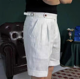 HEARUJOY - British Style Men Naples Linen Shorts Paris Waist Buckle Button Knee Length Pant Summer High Quality Casual Loose Short Trouser