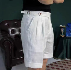 HEARUJOY - British Style Men Naples Linen Shorts Paris Waist Buckle Button Knee Length Pant Summer High Quality Casual Loose Short Trouser