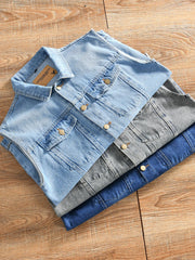 HEARUJOY - Heavy-Duty Washed Spring Men's Japanese Casual Lapel Denim Vest Sleeveless Tank Jacket Amekaji American Vintage